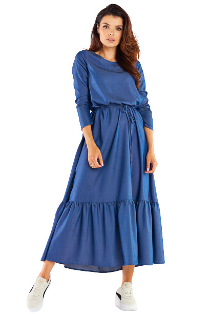 Sukienka Maxi Z Wiskozy Rozkloszowana Z Falbaną Długi Rękaw - niebieska